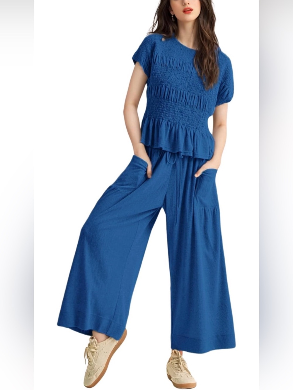 FP INSPIRED 2 PC SET SMOCKED TOP AND WIDE LEG PULL ON PANTS